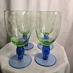 Pfaltzgraff Summer Breeze 17oz Ice Tea, Water or Wine Goblets Etched Blue &Green